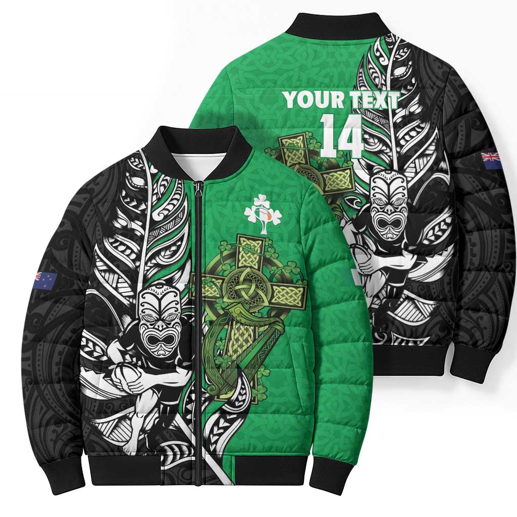 New Zealand and Ireland Rugby Custom Bomber Puffer Jacket Maori Tiki Fern Irish Celtic Cross - Aussie Hoodie