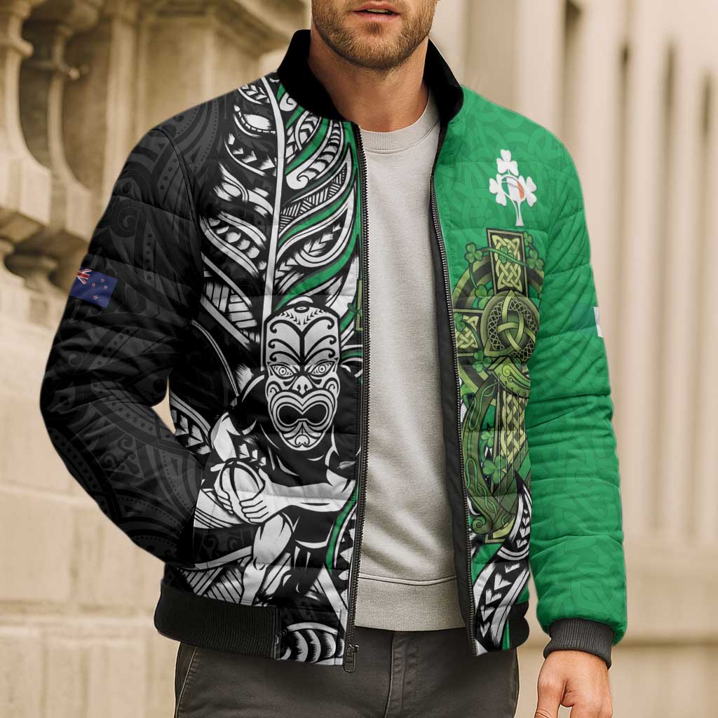 New Zealand and Ireland Rugby Custom Bomber Puffer Jacket Maori Tiki Fern Irish Celtic Cross - Aussie Hoodie