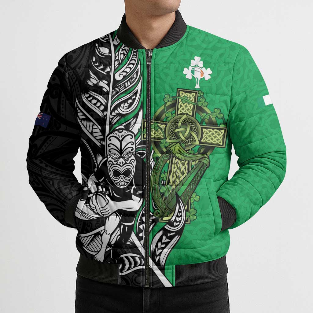 New Zealand and Ireland Rugby Custom Bomber Puffer Jacket Maori Tiki Fern Irish Celtic Cross - Aussie Hoodie