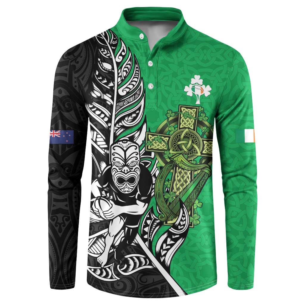 New Zealand and Ireland Rugby Custom Button Sweatshirt Maori Tiki Fern Irish Celtic Cross - Aussie Hoodie
