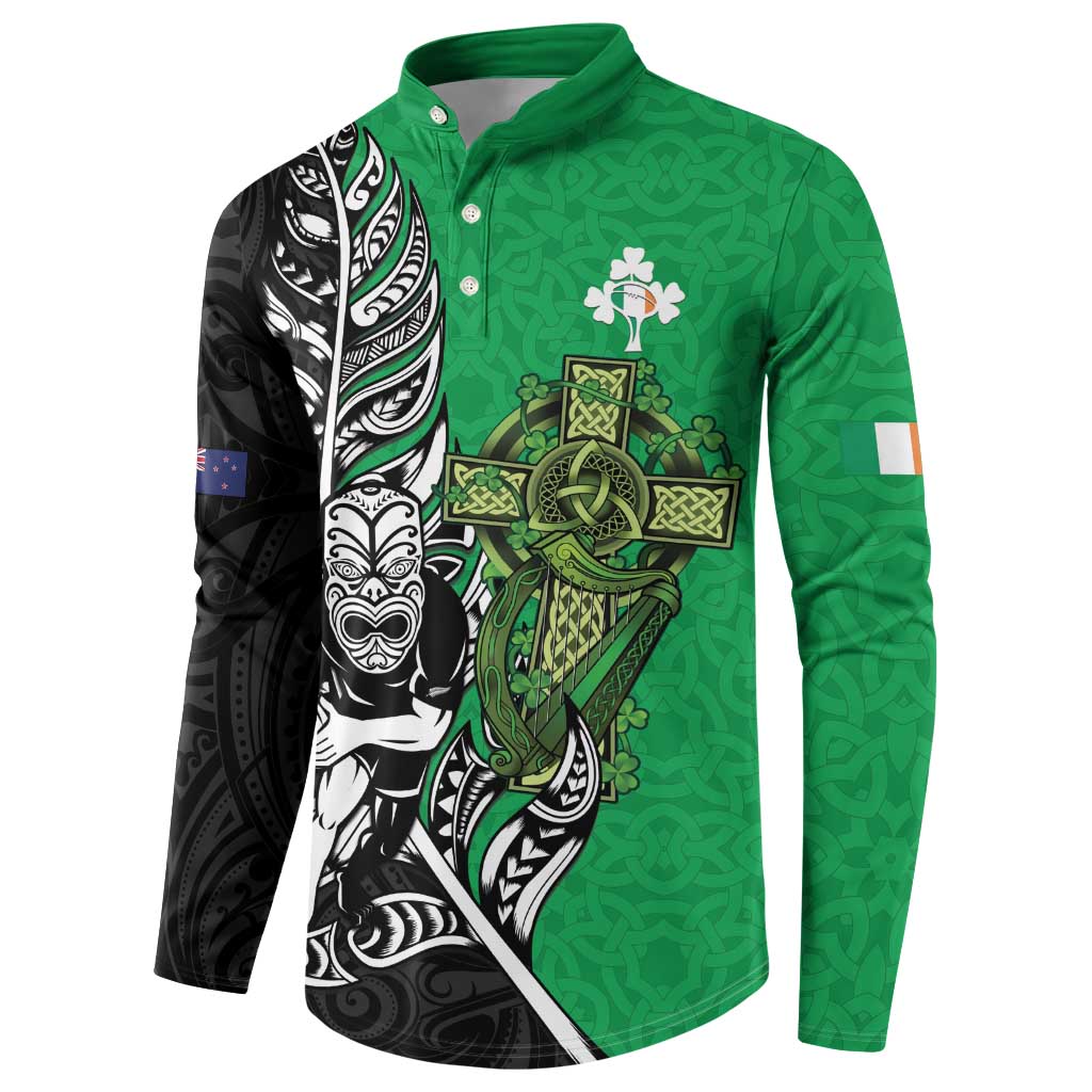 New Zealand and Ireland Rugby Custom Button Sweatshirt Maori Tiki Fern Irish Celtic Cross - Aussie Hoodie