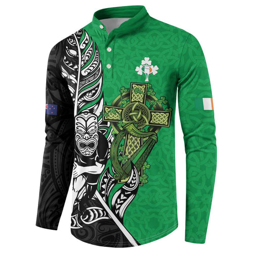 New Zealand and Ireland Rugby Custom Button Sweatshirt Maori Tiki Fern Irish Celtic Cross - Aussie Hoodie
