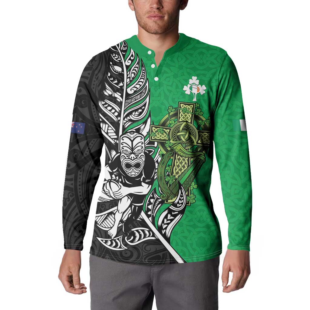 New Zealand and Ireland Rugby Custom Button Sweatshirt Maori Tiki Fern Irish Celtic Cross - Aussie Hoodie