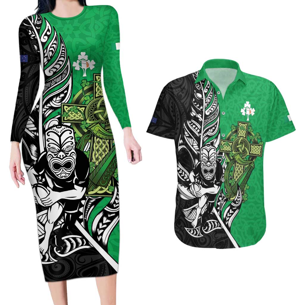 New Zealand and Ireland Rugby Custom Couples Matching Long Sleeve Bodycon Dress and Hawaiian Shirt Maori Tiki Fern Irish Celtic Cross - Aussie Hoodie