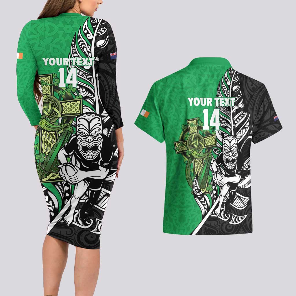 New Zealand and Ireland Rugby Custom Couples Matching Long Sleeve Bodycon Dress and Hawaiian Shirt Maori Tiki Fern Irish Celtic Cross - Aussie Hoodie