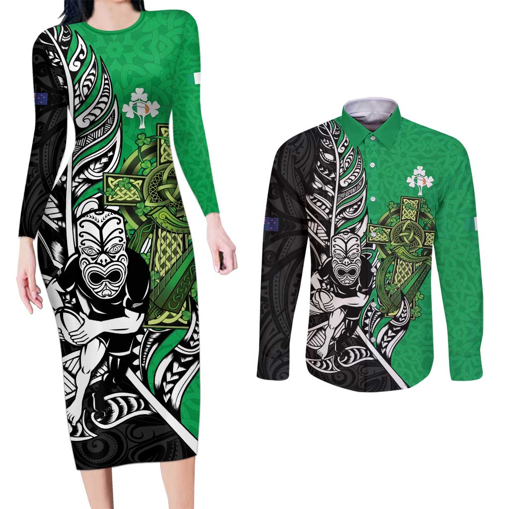 New Zealand and Ireland Rugby Custom Couples Matching Long Sleeve Bodycon Dress and Long Sleeve Button Shirt Maori Tiki Fern Irish Celtic Cross - Aussie Hoodie
