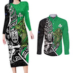 New Zealand and Ireland Rugby Custom Couples Matching Long Sleeve Bodycon Dress and Long Sleeve Button Shirt Maori Tiki Fern Irish Celtic Cross - Aussie Hoodie