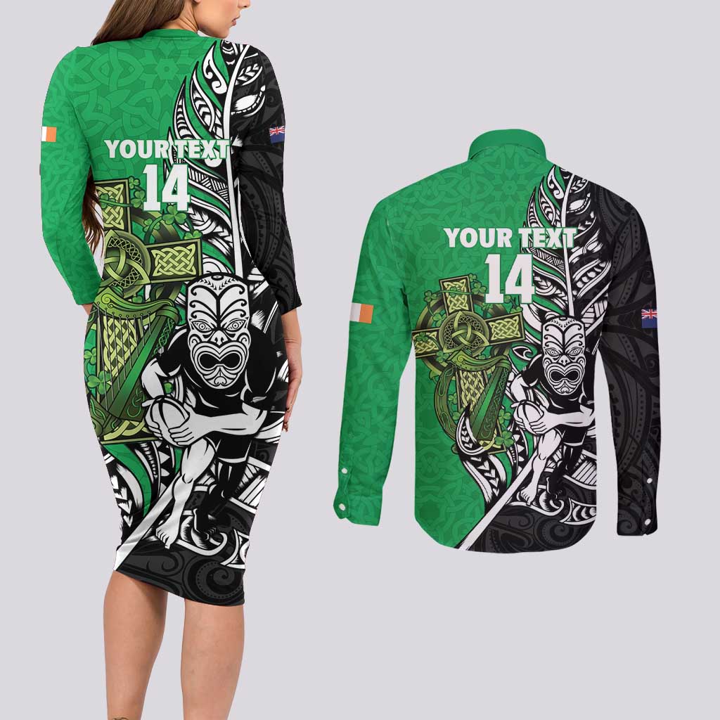 New Zealand and Ireland Rugby Custom Couples Matching Long Sleeve Bodycon Dress and Long Sleeve Button Shirt Maori Tiki Fern Irish Celtic Cross - Aussie Hoodie