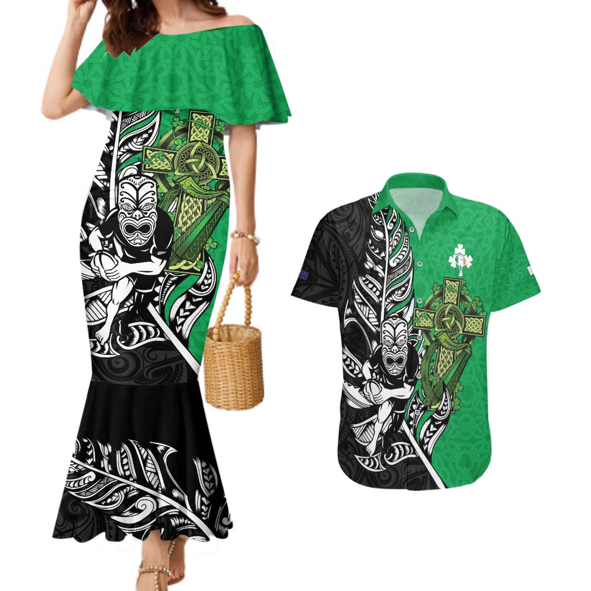New Zealand and Ireland Rugby Custom Couples Matching Mermaid Dress and Hawaiian Shirt Maori Tiki Fern Irish Celtic Cross - Aussie Hoodie