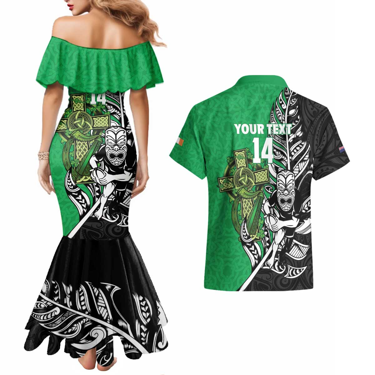 New Zealand and Ireland Rugby Custom Couples Matching Mermaid Dress and Hawaiian Shirt Maori Tiki Fern Irish Celtic Cross - Aussie Hoodie