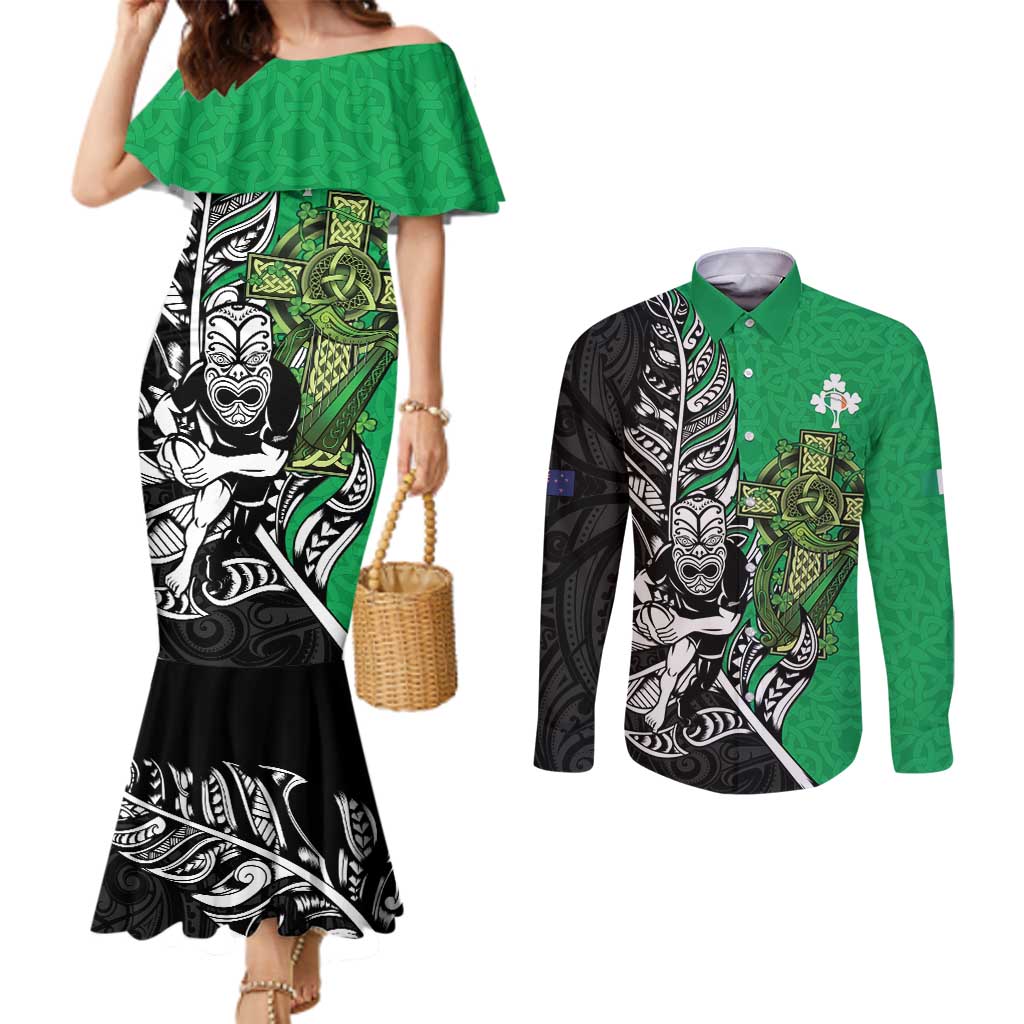 New Zealand and Ireland Rugby Custom Couples Matching Mermaid Dress and Long Sleeve Button Shirt Maori Tiki Fern Irish Celtic Cross - Aussie Hoodie