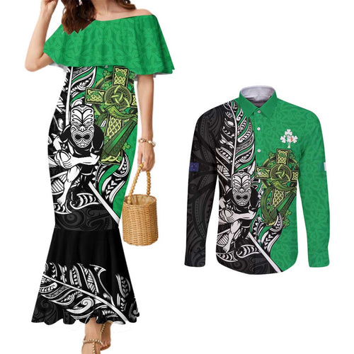 New Zealand and Ireland Rugby Custom Couples Matching Mermaid Dress and Long Sleeve Button Shirt Maori Tiki Fern Irish Celtic Cross - Aussie Hoodie