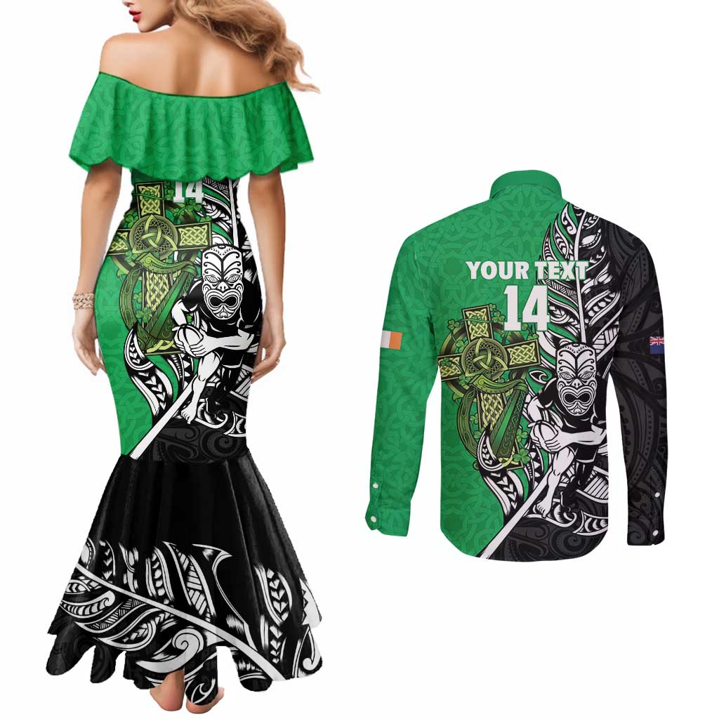 New Zealand and Ireland Rugby Custom Couples Matching Mermaid Dress and Long Sleeve Button Shirt Maori Tiki Fern Irish Celtic Cross - Aussie Hoodie