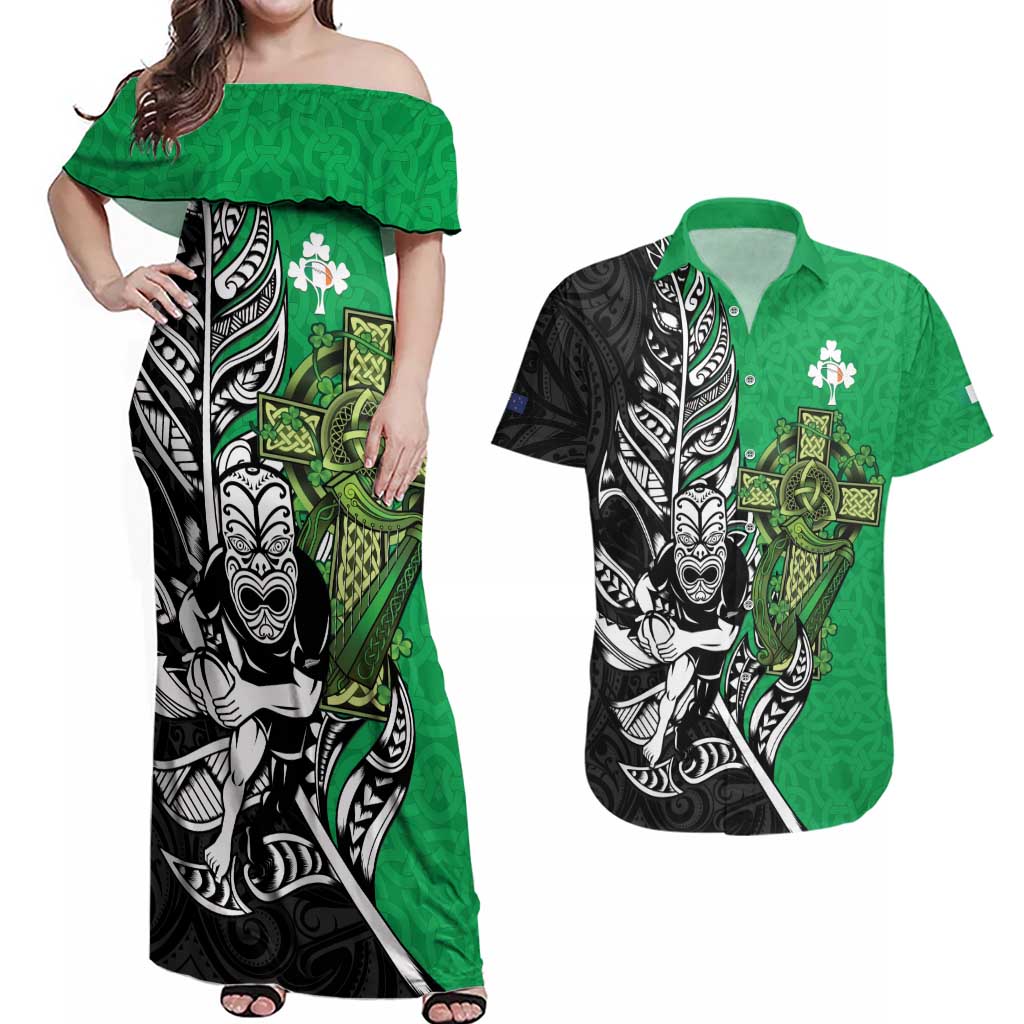 New Zealand and Ireland Rugby Custom Couples Matching Off Shoulder Maxi Dress and Hawaiian Shirt Maori Tiki Fern Irish Celtic Cross - Aussie Hoodie