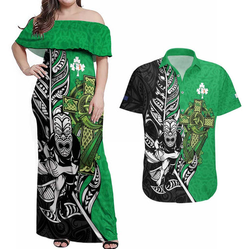 New Zealand and Ireland Rugby Custom Couples Matching Off Shoulder Maxi Dress and Hawaiian Shirt Maori Tiki Fern Irish Celtic Cross - Aussie Hoodie