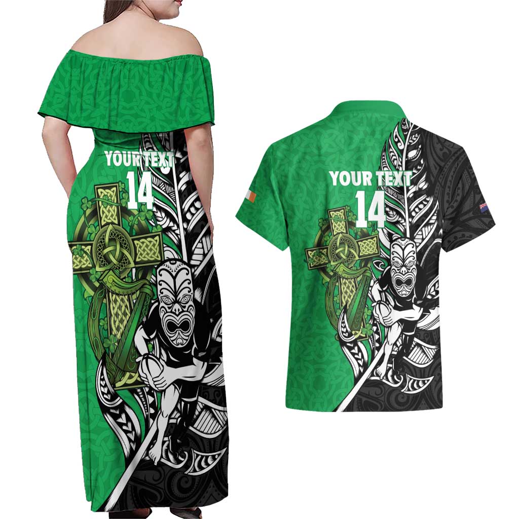 New Zealand and Ireland Rugby Custom Couples Matching Off Shoulder Maxi Dress and Hawaiian Shirt Maori Tiki Fern Irish Celtic Cross - Aussie Hoodie