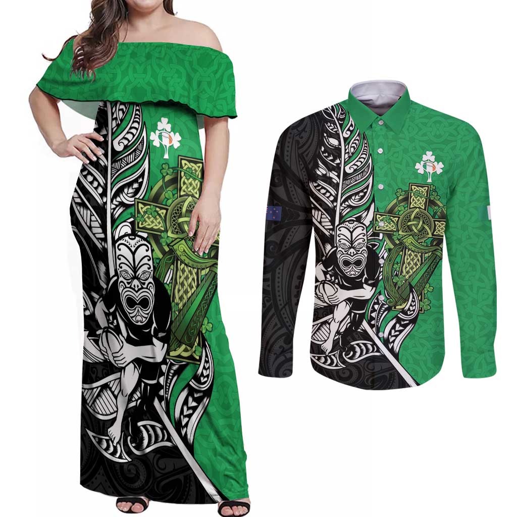 New Zealand and Ireland Rugby Custom Couples Matching Off Shoulder Maxi Dress and Long Sleeve Button Shirt Maori Tiki Fern Irish Celtic Cross - Aussie Hoodie