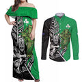 New Zealand and Ireland Rugby Custom Couples Matching Off Shoulder Maxi Dress and Long Sleeve Button Shirt Maori Tiki Fern Irish Celtic Cross - Aussie Hoodie
