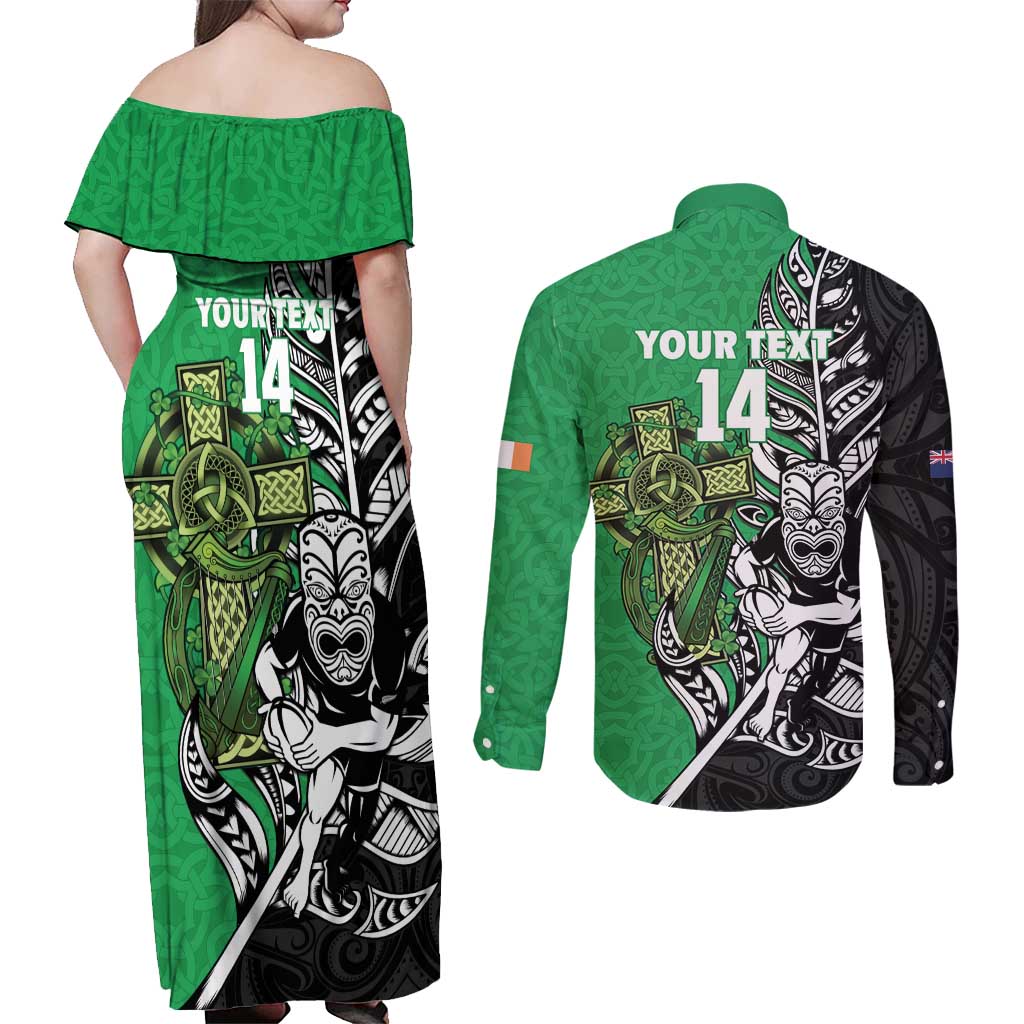 New Zealand and Ireland Rugby Custom Couples Matching Off Shoulder Maxi Dress and Long Sleeve Button Shirt Maori Tiki Fern Irish Celtic Cross - Aussie Hoodie