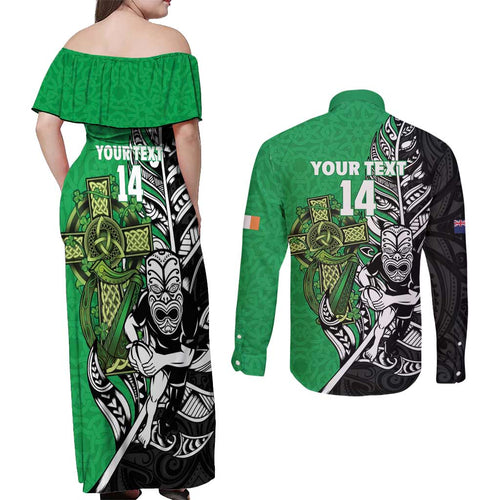 New Zealand and Ireland Rugby Custom Couples Matching Off Shoulder Maxi Dress and Long Sleeve Button Shirt Maori Tiki Fern Irish Celtic Cross - Aussie Hoodie