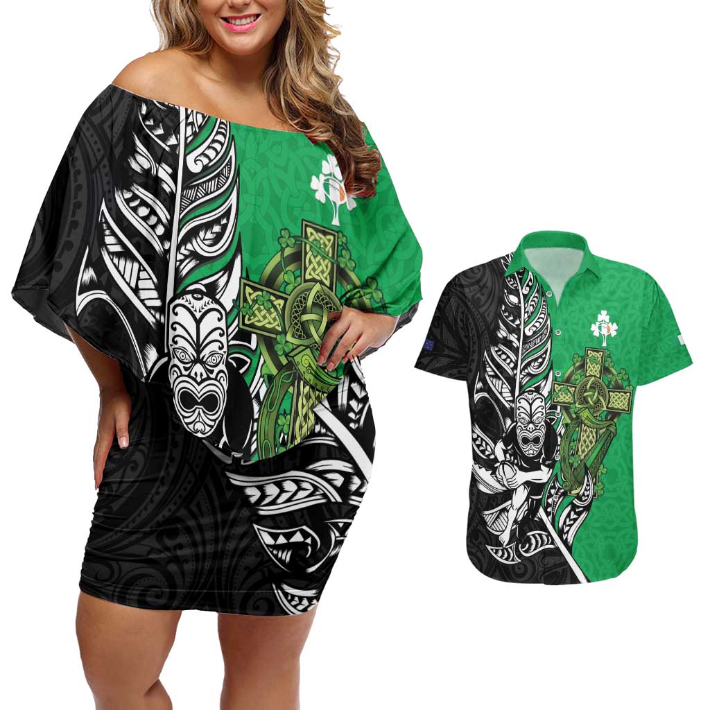 New Zealand and Ireland Rugby Custom Couples Matching Off Shoulder Short Dress and Hawaiian Shirt Maori Tiki Fern Irish Celtic Cross - Aussie Hoodie