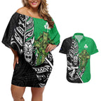 New Zealand and Ireland Rugby Custom Couples Matching Off Shoulder Short Dress and Hawaiian Shirt Maori Tiki Fern Irish Celtic Cross - Aussie Hoodie
