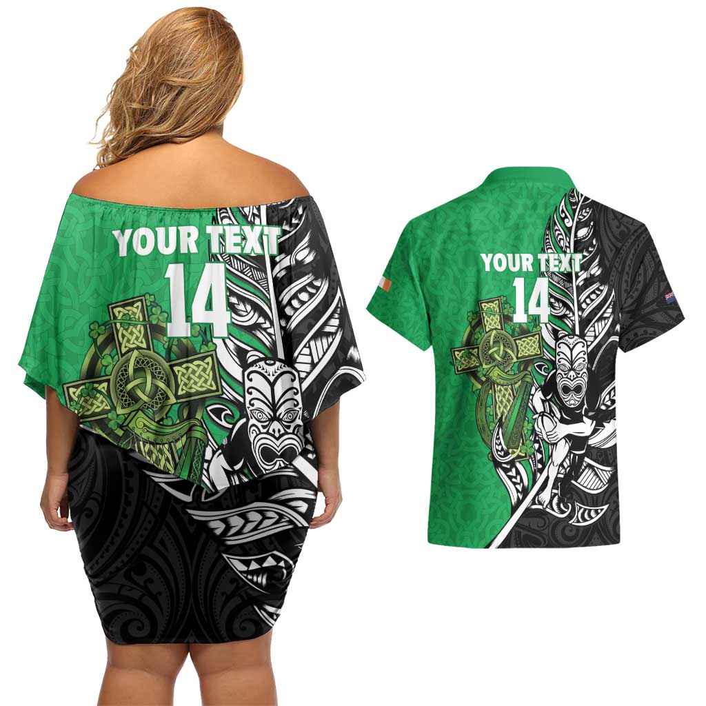 New Zealand and Ireland Rugby Custom Couples Matching Off Shoulder Short Dress and Hawaiian Shirt Maori Tiki Fern Irish Celtic Cross - Aussie Hoodie