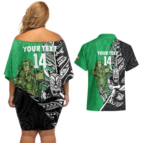 New Zealand and Ireland Rugby Custom Couples Matching Off Shoulder Short Dress and Hawaiian Shirt Maori Tiki Fern Irish Celtic Cross - Aussie Hoodie