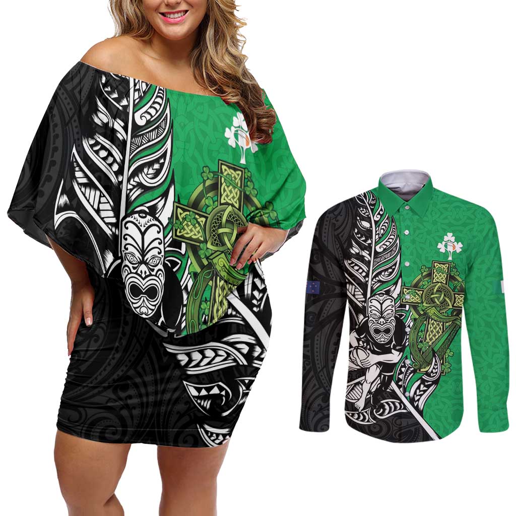 New Zealand and Ireland Rugby Custom Couples Matching Off Shoulder Short Dress and Long Sleeve Button Shirt Maori Tiki Fern Irish Celtic Cross - Aussie Hoodie