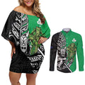 New Zealand and Ireland Rugby Custom Couples Matching Off Shoulder Short Dress and Long Sleeve Button Shirt Maori Tiki Fern Irish Celtic Cross - Aussie Hoodie
