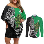 New Zealand and Ireland Rugby Custom Couples Matching Off Shoulder Short Dress and Long Sleeve Button Shirt Maori Tiki Fern Irish Celtic Cross - Aussie Hoodie