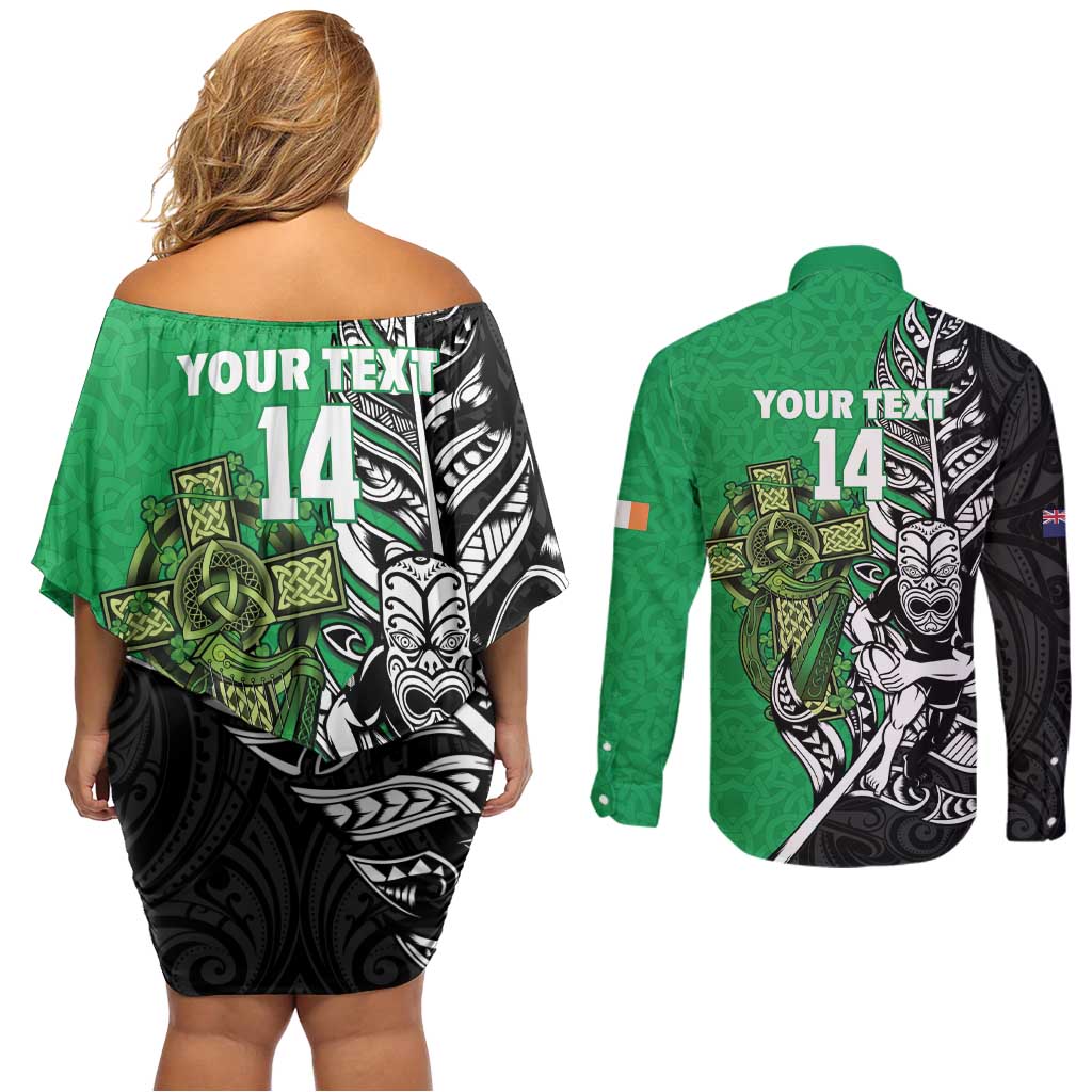 New Zealand and Ireland Rugby Custom Couples Matching Off Shoulder Short Dress and Long Sleeve Button Shirt Maori Tiki Fern Irish Celtic Cross - Aussie Hoodie