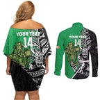 New Zealand and Ireland Rugby Custom Couples Matching Off Shoulder Short Dress and Long Sleeve Button Shirt Maori Tiki Fern Irish Celtic Cross - Aussie Hoodie
