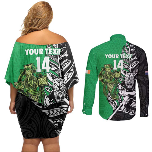 New Zealand and Ireland Rugby Custom Couples Matching Off Shoulder Short Dress and Long Sleeve Button Shirt Maori Tiki Fern Irish Celtic Cross - Aussie Hoodie