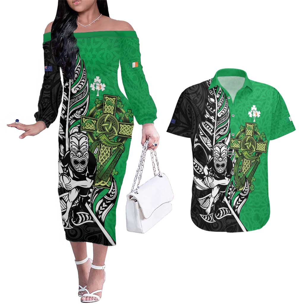 New Zealand and Ireland Rugby Custom Couples Matching Off The Shoulder Long Sleeve Dress and Hawaiian Shirt Maori Tiki Fern Irish Celtic Cross - Aussie Hoodie