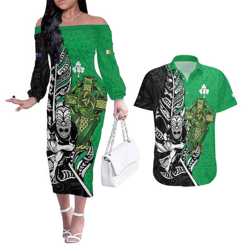 New Zealand and Ireland Rugby Custom Couples Matching Off The Shoulder Long Sleeve Dress and Hawaiian Shirt Maori Tiki Fern Irish Celtic Cross - Aussie Hoodie