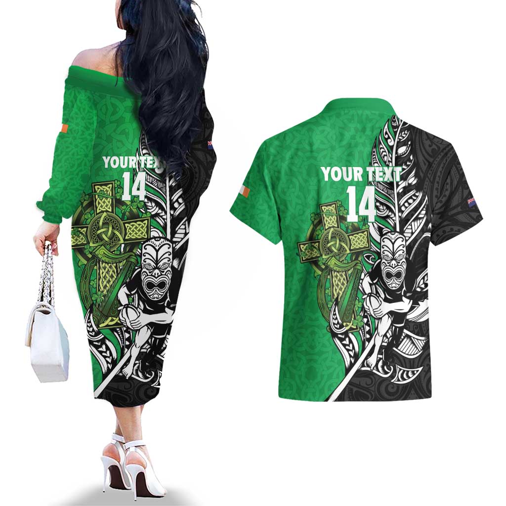 New Zealand and Ireland Rugby Custom Couples Matching Off The Shoulder Long Sleeve Dress and Hawaiian Shirt Maori Tiki Fern Irish Celtic Cross - Aussie Hoodie