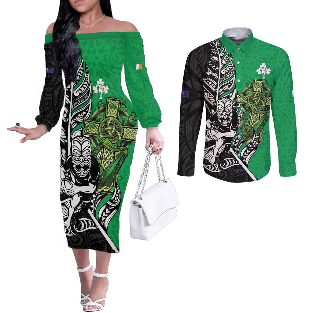 New Zealand and Ireland Rugby Custom Couples Matching Off The Shoulder Long Sleeve Dress and Long Sleeve Button Shirt Maori Tiki Fern Irish Celtic Cross - Aussie Hoodie