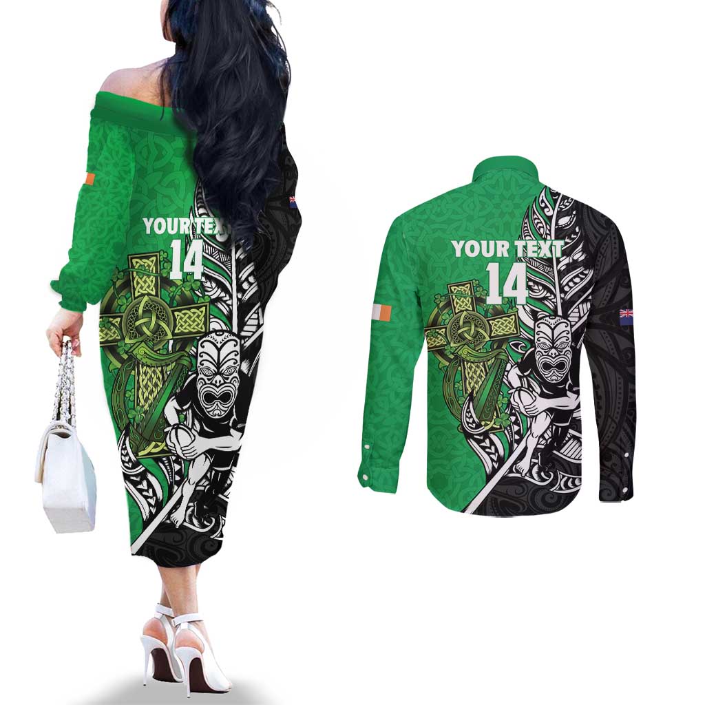 New Zealand and Ireland Rugby Custom Couples Matching Off The Shoulder Long Sleeve Dress and Long Sleeve Button Shirt Maori Tiki Fern Irish Celtic Cross - Aussie Hoodie