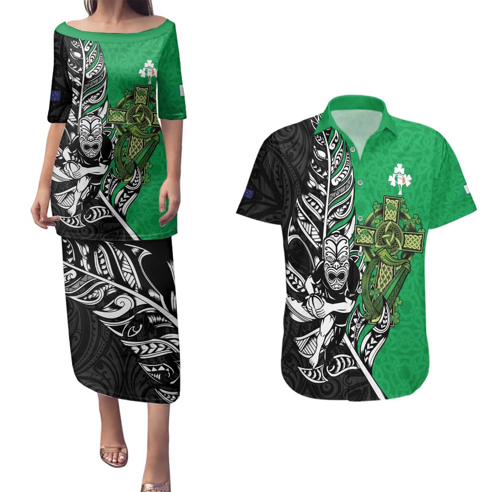 New Zealand and Ireland Rugby Custom Couples Matching Puletasi and Hawaiian Shirt Maori Tiki Fern Irish Celtic Cross - Aussie Hoodie