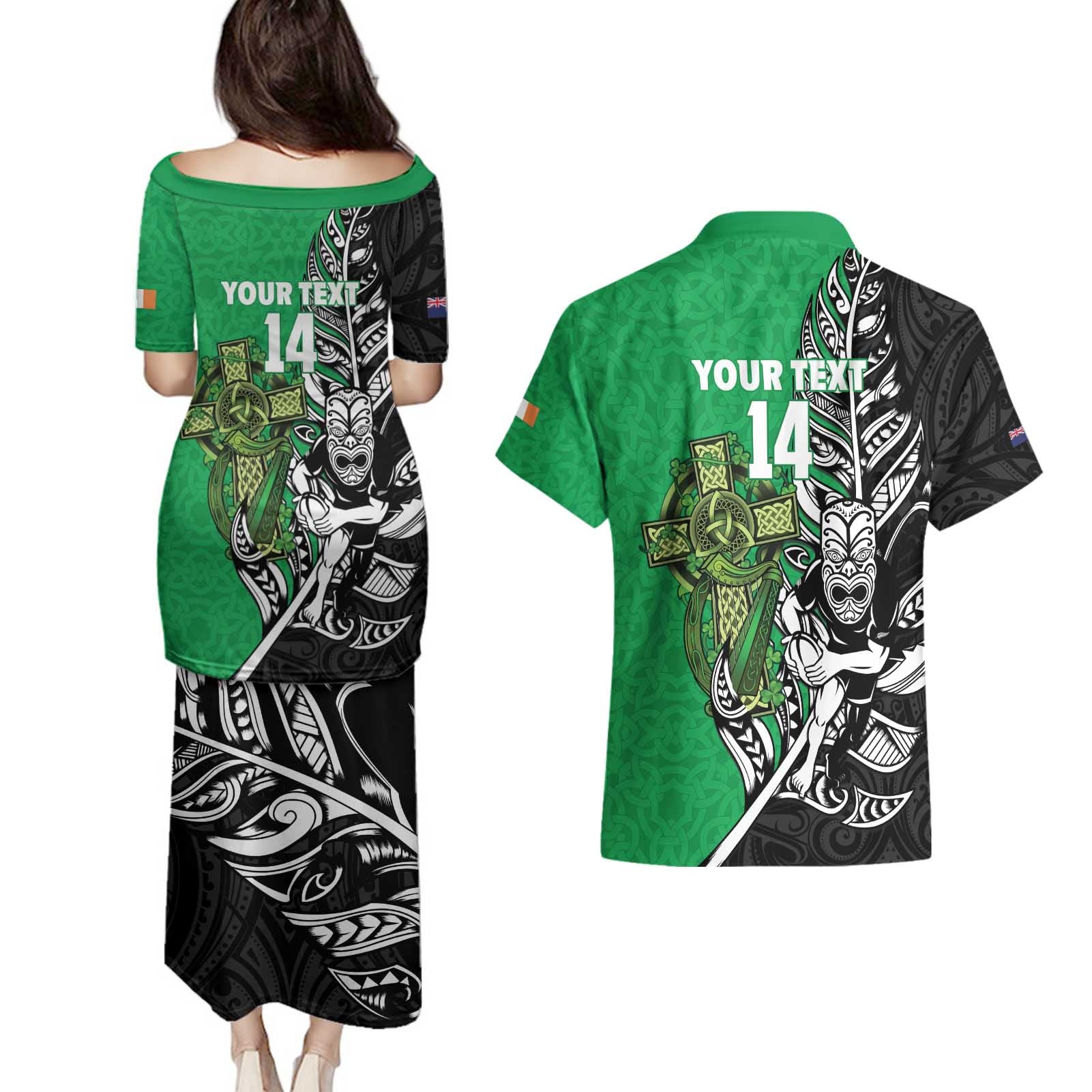 New Zealand and Ireland Rugby Custom Couples Matching Puletasi and Hawaiian Shirt Maori Tiki Fern Irish Celtic Cross - Aussie Hoodie
