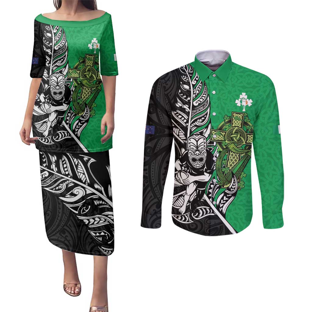 New Zealand and Ireland Rugby Custom Couples Matching Puletasi and Long Sleeve Button Shirt Maori Tiki Fern Irish Celtic Cross - Aussie Hoodie