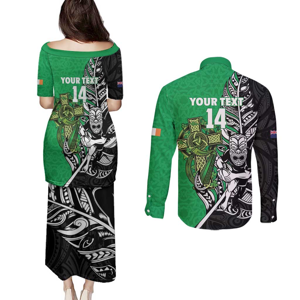 New Zealand and Ireland Rugby Custom Couples Matching Puletasi and Long Sleeve Button Shirt Maori Tiki Fern Irish Celtic Cross - Aussie Hoodie