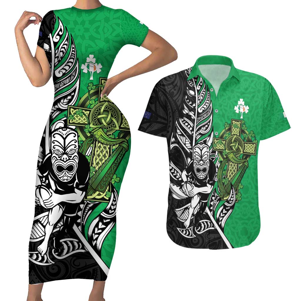 New Zealand and Ireland Rugby Custom Couples Matching Short Sleeve Bodycon Dress and Hawaiian Shirt Maori Tiki Fern Irish Celtic Cross - Aussie Hoodie