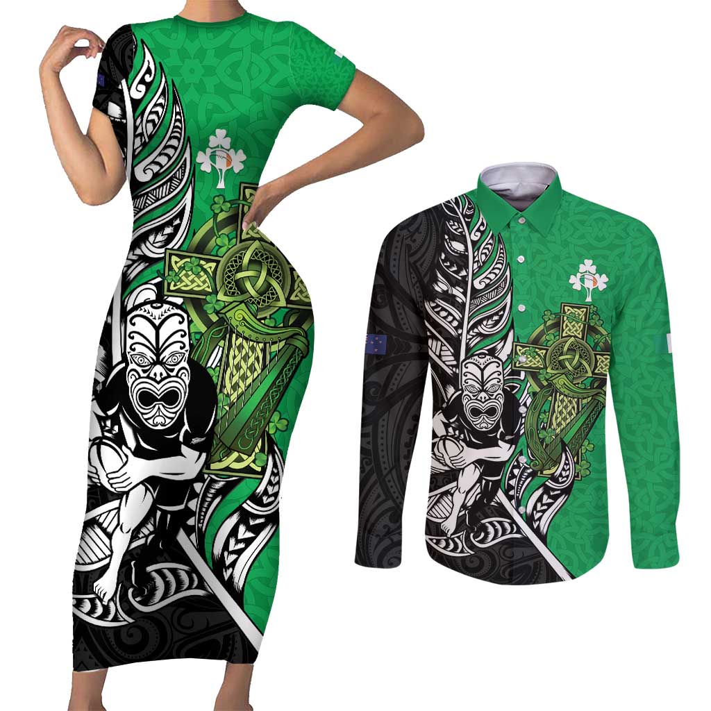 New Zealand and Ireland Rugby Custom Couples Matching Short Sleeve Bodycon Dress and Long Sleeve Button Shirt Maori Tiki Fern Irish Celtic Cross - Aussie Hoodie