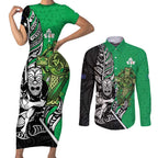 New Zealand and Ireland Rugby Custom Couples Matching Short Sleeve Bodycon Dress and Long Sleeve Button Shirt Maori Tiki Fern Irish Celtic Cross - Aussie Hoodie