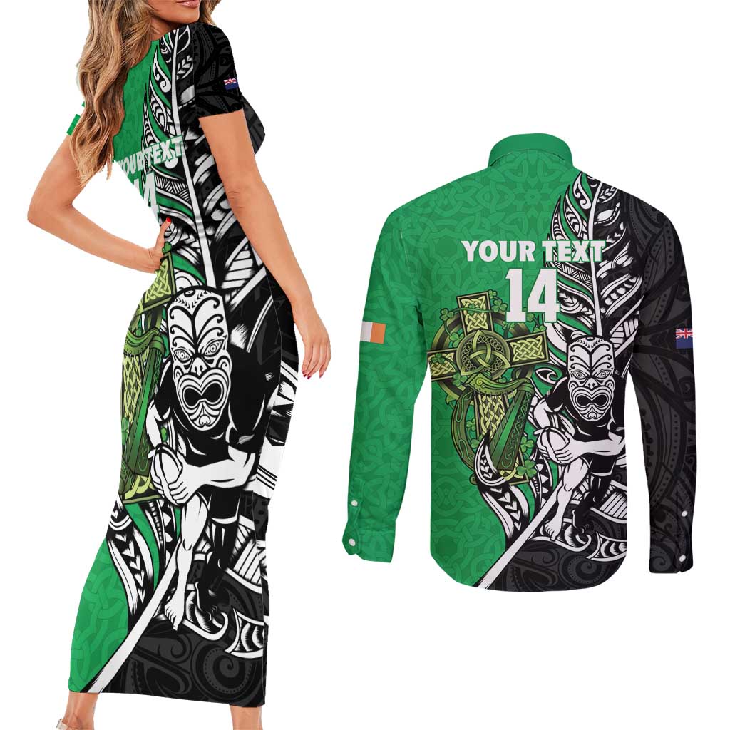 New Zealand and Ireland Rugby Custom Couples Matching Short Sleeve Bodycon Dress and Long Sleeve Button Shirt Maori Tiki Fern Irish Celtic Cross - Aussie Hoodie
