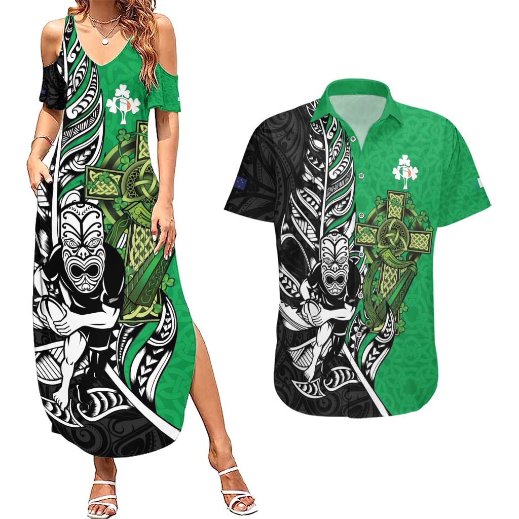 New Zealand and Ireland Rugby Custom Couples Matching Summer Maxi Dress and Hawaiian Shirt Maori Tiki Fern Irish Celtic Cross - Aussie Hoodie