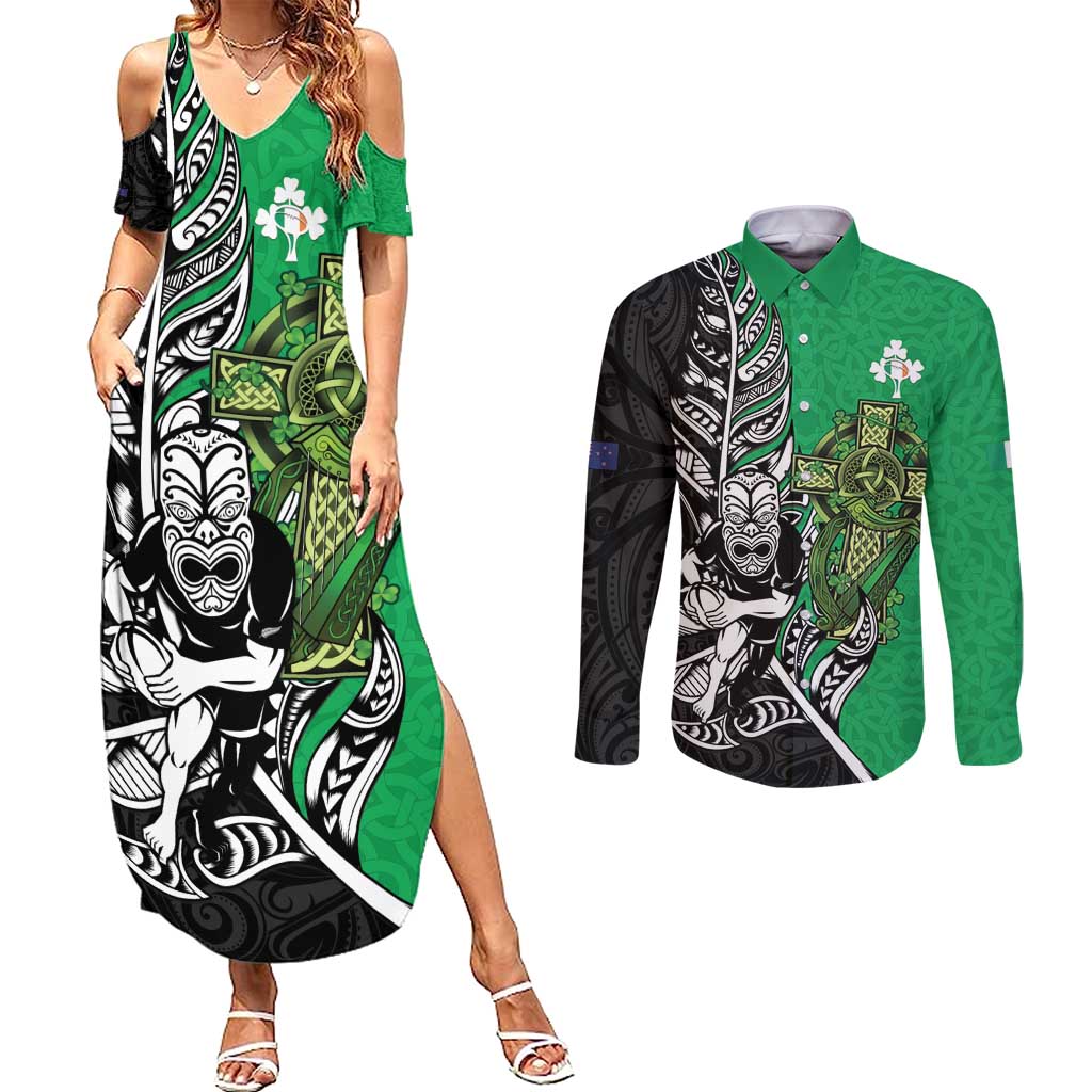 New Zealand and Ireland Rugby Custom Couples Matching Summer Maxi Dress and Long Sleeve Button Shirt Maori Tiki Fern Irish Celtic Cross - Aussie Hoodie