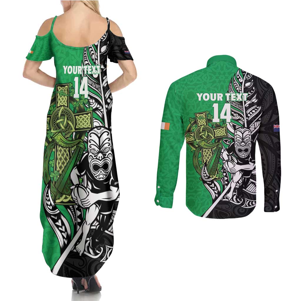 New Zealand and Ireland Rugby Custom Couples Matching Summer Maxi Dress and Long Sleeve Button Shirt Maori Tiki Fern Irish Celtic Cross - Aussie Hoodie